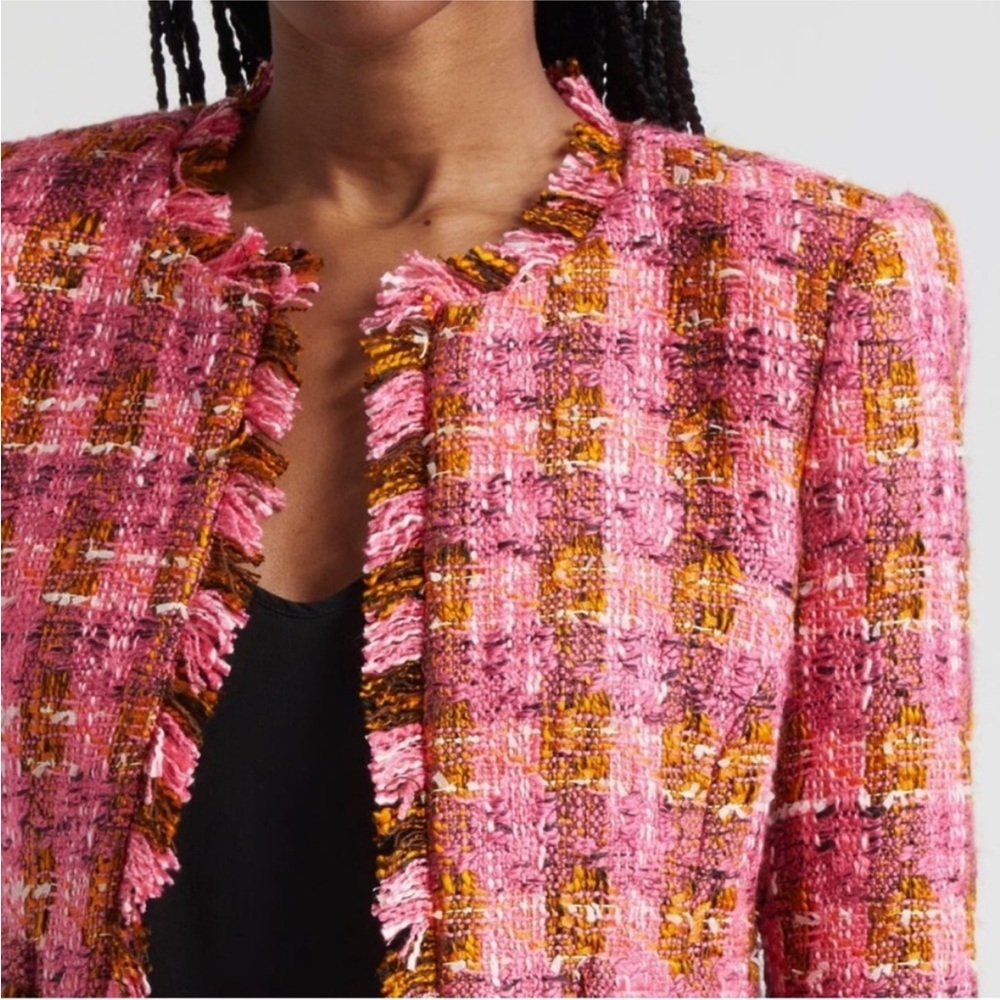 L'Agence 'Angelina' Tweed Raw-Trim Open-Front Blazer Jacket, Fuchsia Pink/Orange - Picture 2 of 9